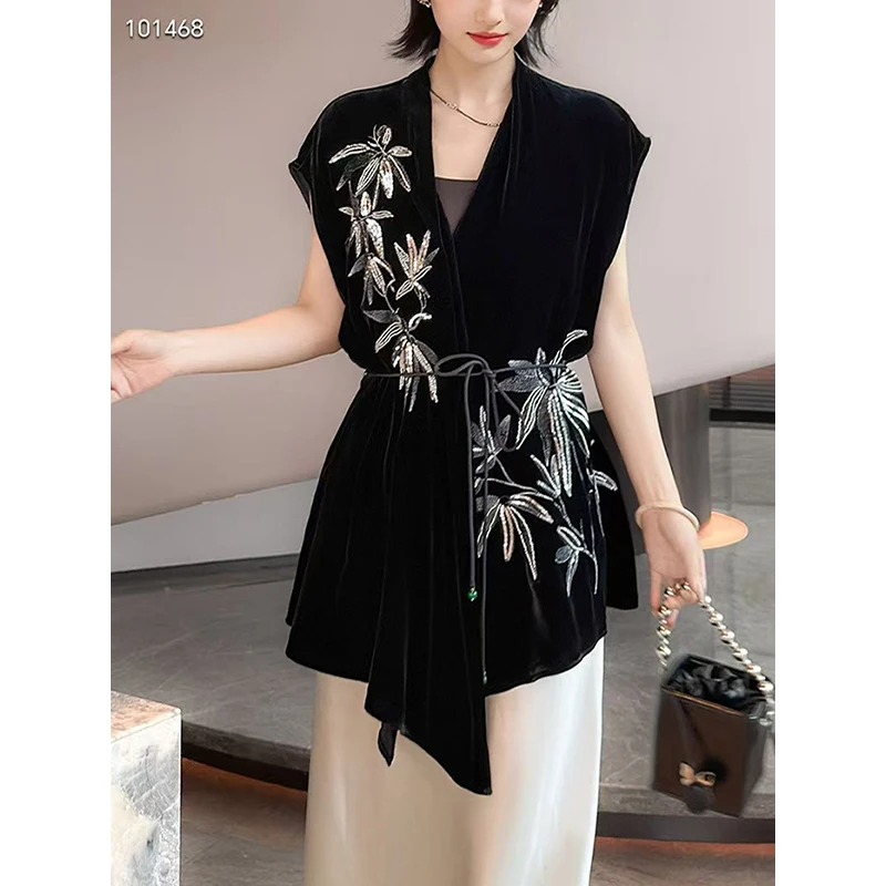 

Spring and Autumn New V-neck Silk + Velvet Fabric Exquisite Positioning Sequin Embroidery+Belt Irregular Hem Women's Vest M-XXL