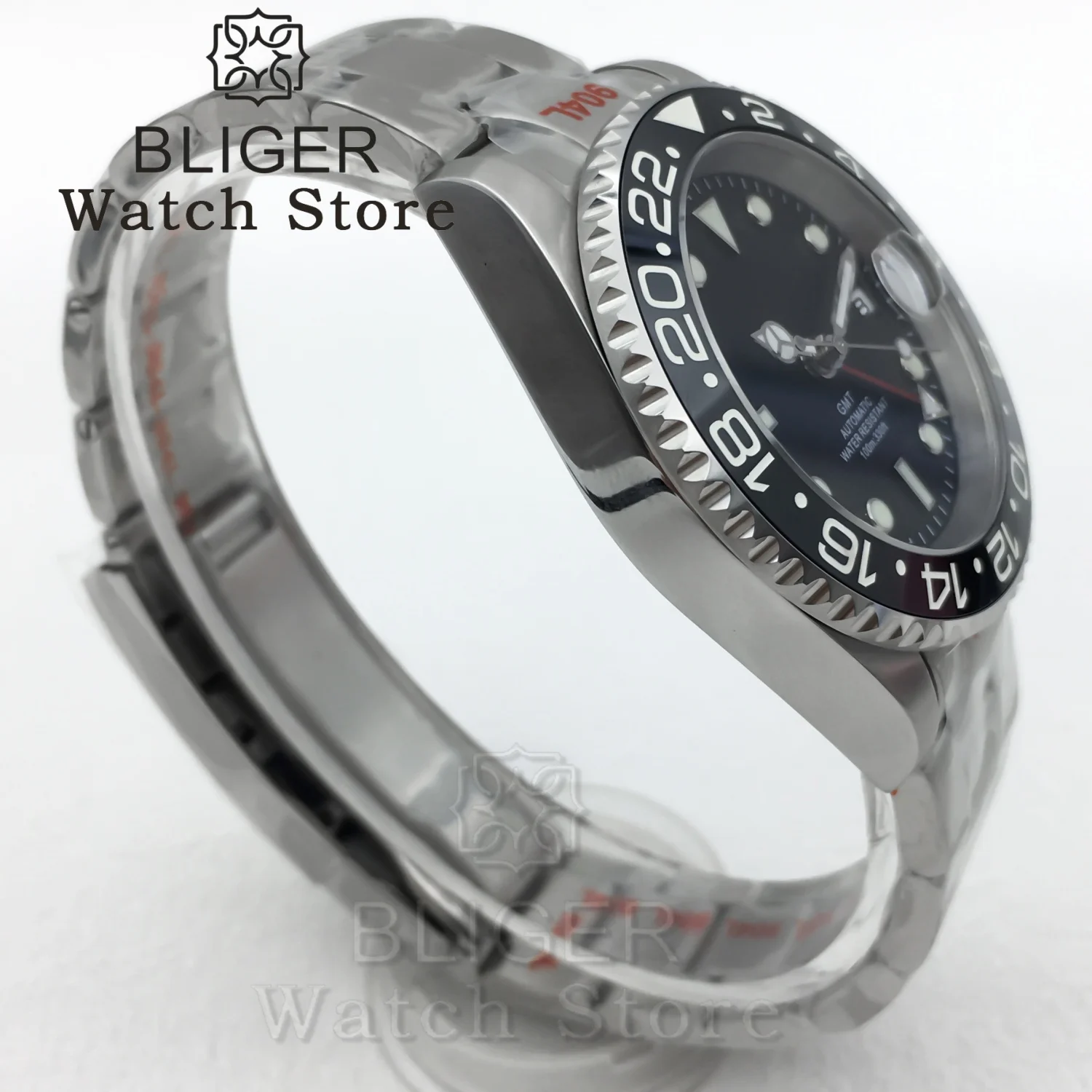 ساعة غواص BLIGER 40 ملم NH34 GMT للرجال إطار سيراميك أسود زجاج الياقوت أحمر أزرق أبيض أخضر GMT نص ويد مقاومة للماء