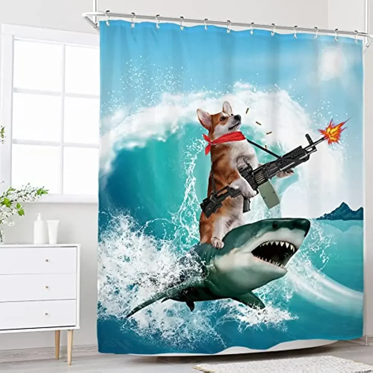 Funny Kids Shower Curtains For Bathroom Decor Corgi Cute Dog Riding Shark Nautical Ocean Boys Animal Hilarious Fabric Polyester