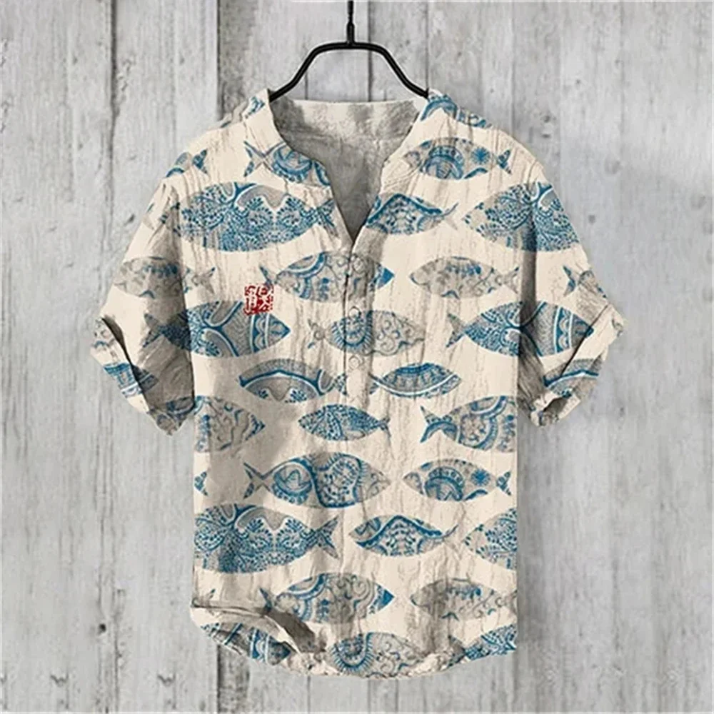 Men's Short Sleeve V-Neck Shirt Short Sleeve 3D Printed Linen Shirt Retro Fish Quality Comfortable Men's Breathable Quick Dry To