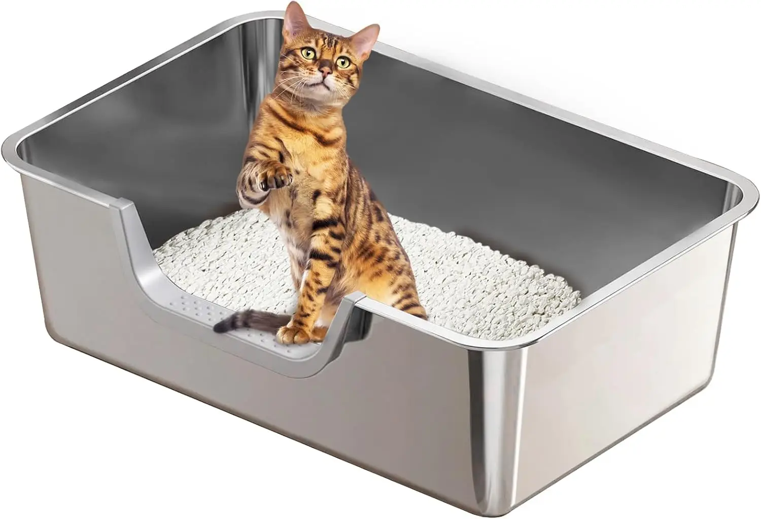 

Stainless Steel Cat Litter Box with Low Entry, Leak Proof High Sides, Non-Slip Base for Kittens and Older Cats