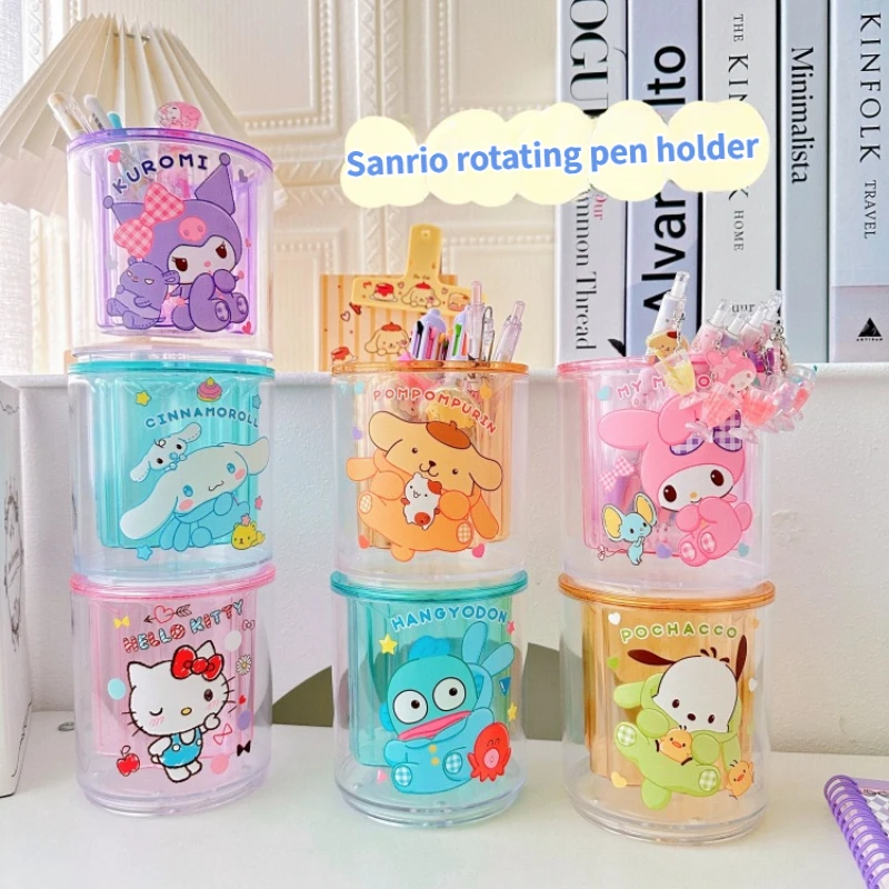 

Miniso Sanrio Transparent Rotating Pen Holder Desktop Stationery Makeup Brush Storage Box Kuromi Cinnamoroll Desk Organizer Cute