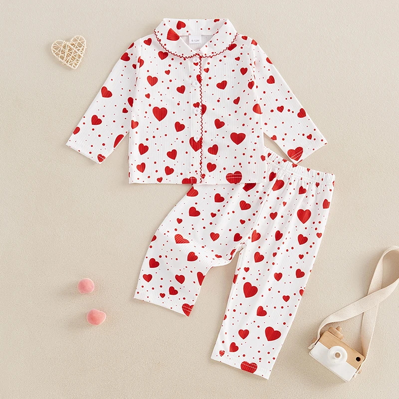 Tregren Kids Girls Valentine's Day Pajamas Set Heart/Letter Print Long Sleeves Shirt and Elastic Pants for Loungewear Sleepwear