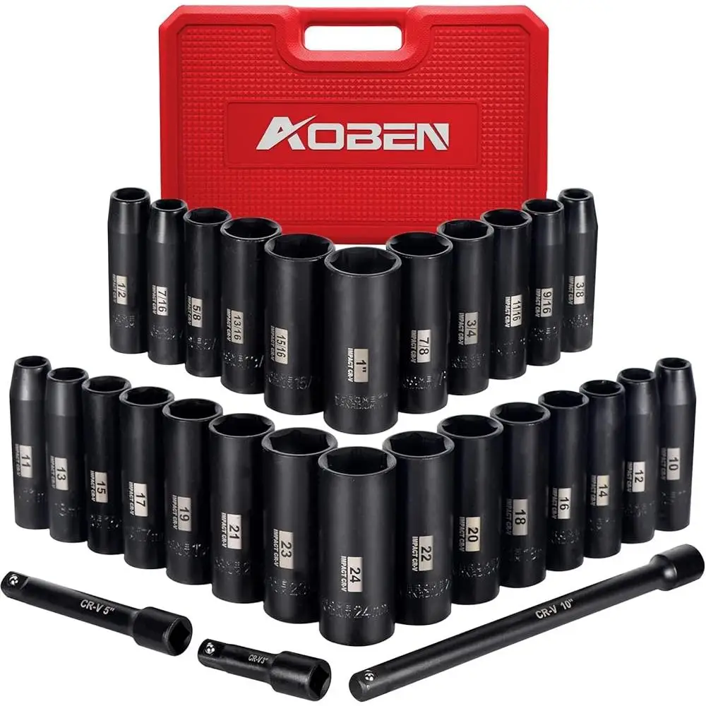 29 Pieces Impact Socket Set 1/2-Inch Drive Cr-V Steel SAE Metric 6 Point Deep Durable Manganese Phosphate Coating High Contrast