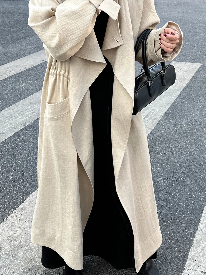 luxury Cotton Linen Ramada Woman Parka Style, Over-the-Knee Drawstring Big Pockets Long-Sleeve New in Outerwears Long Coat