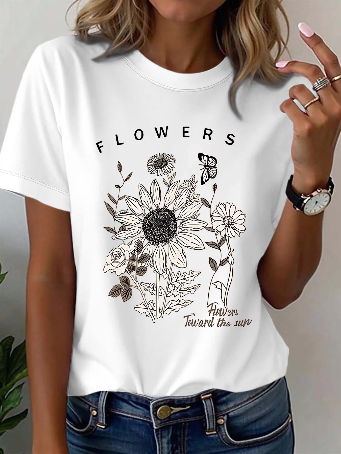Casual Hand-painted Sunflowers, Floral-themed T-shirt, Cropped in Six Colors - Unique Print on Sleeves Women Clothing Graphic