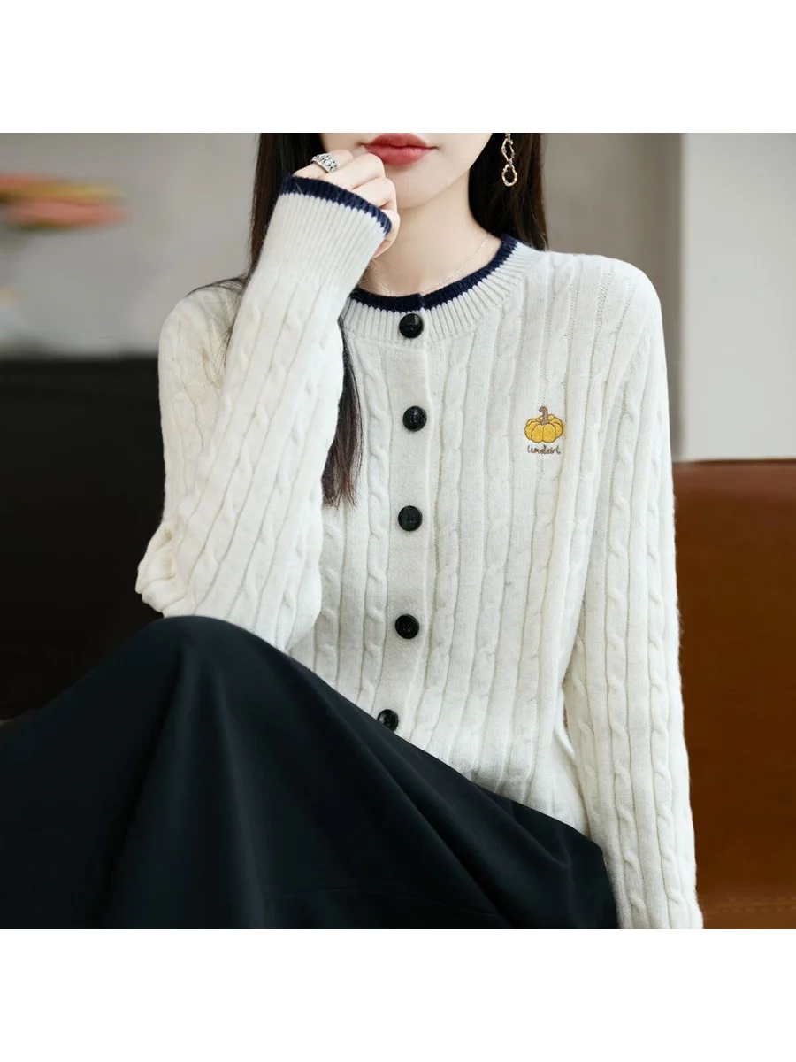 Color Block Knitted Pumpkin Embroidery Open Cardigan Sweater Autumn Winter Women's Fashion Outerwear Polyester Fiber