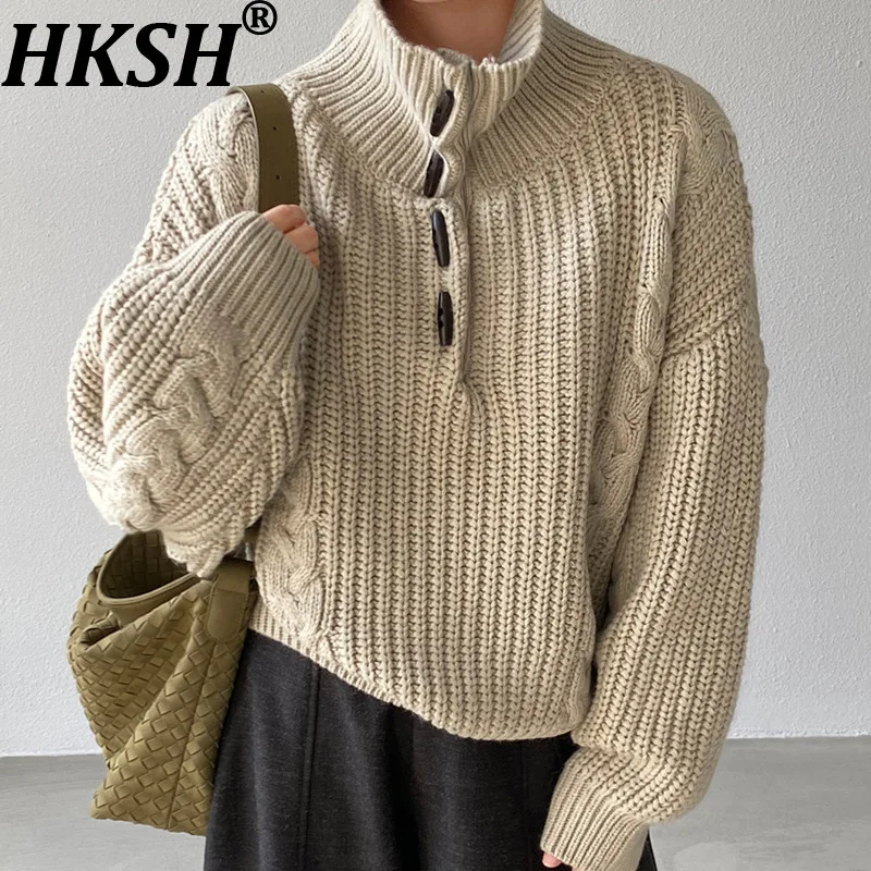

HKSH Autumn Winter New Women's Sweater Turtleneck Pullover Buttoned Korean Casual Elegant Versatile Stylish Knitted Tops HK16181