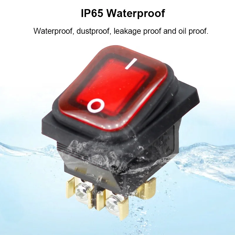 Waterproof Rocker Toggle Switch Red LED Light Illuminated 16A 4 Pins 2 Position ON/Off DPST