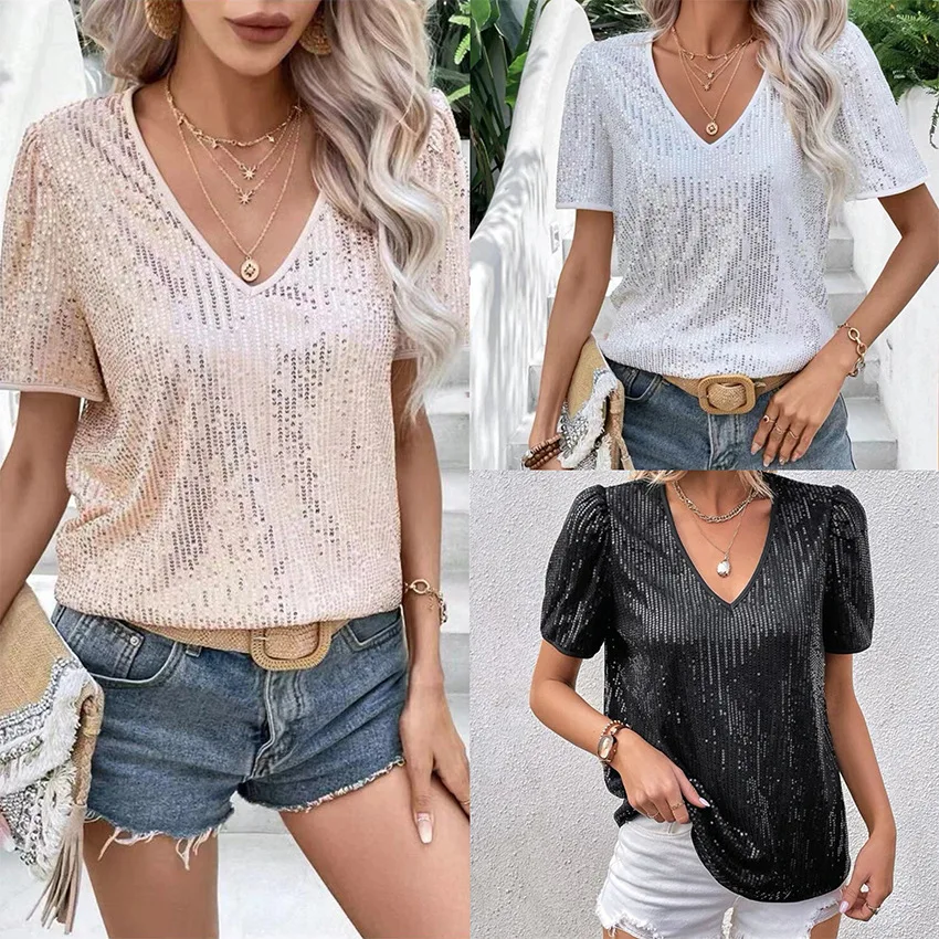 

Spring and Summer New Sexy Solid Color Sequin V-neck Loose Short Sleeved Women's T-shirt