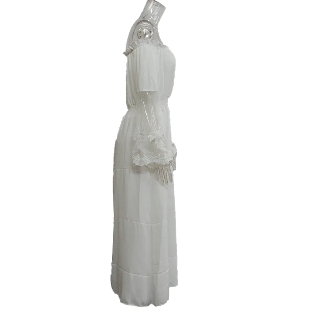 

Stylish Bohemian Style Strapless Beach Dress For Women White Lace Loose Fit Long Sleeve Dress For Parties And Weddings