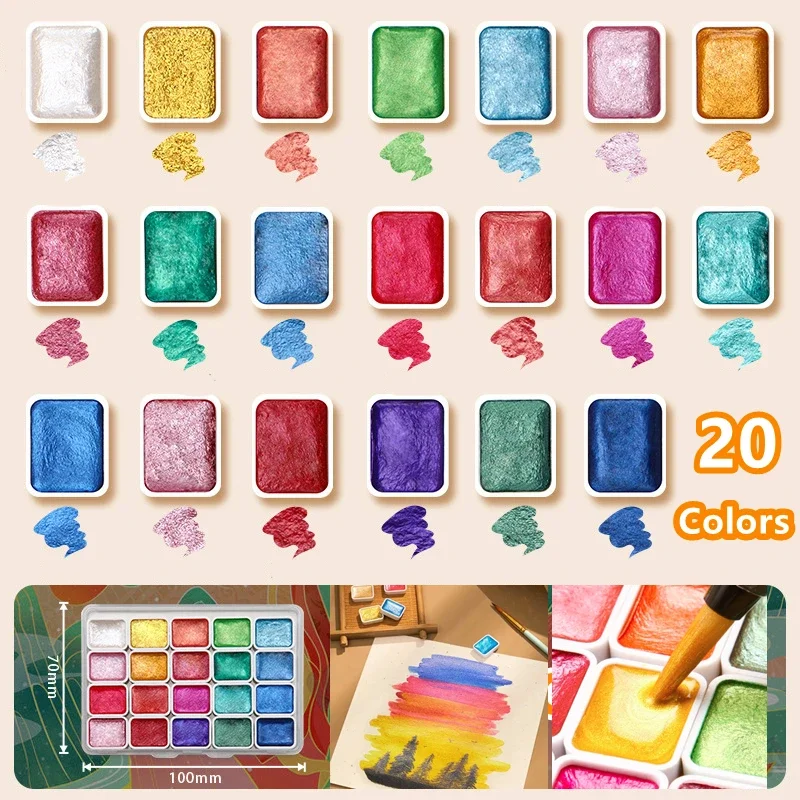 Portable 20 Color Watercolor Paints Set Pearl Gloss Pure Color Metallic Watercolor Artist Student Coloring Painting Art Supplies