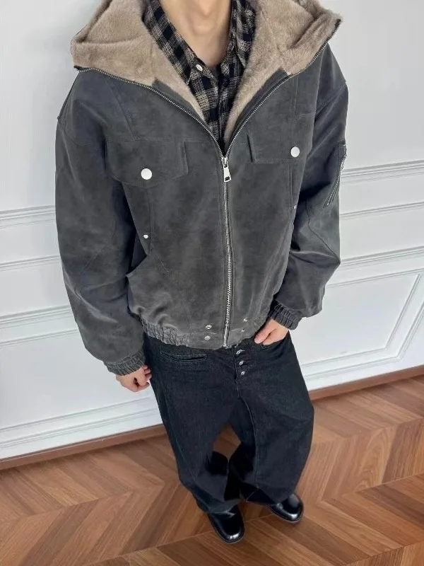 

Американская деконструированная куртка из искусственной кожи с флисовой подкладкой и хлопковыми вставками, утепленная, в стиле пэчворк, с капюшоном, повседневная верхняя одежда для подростков