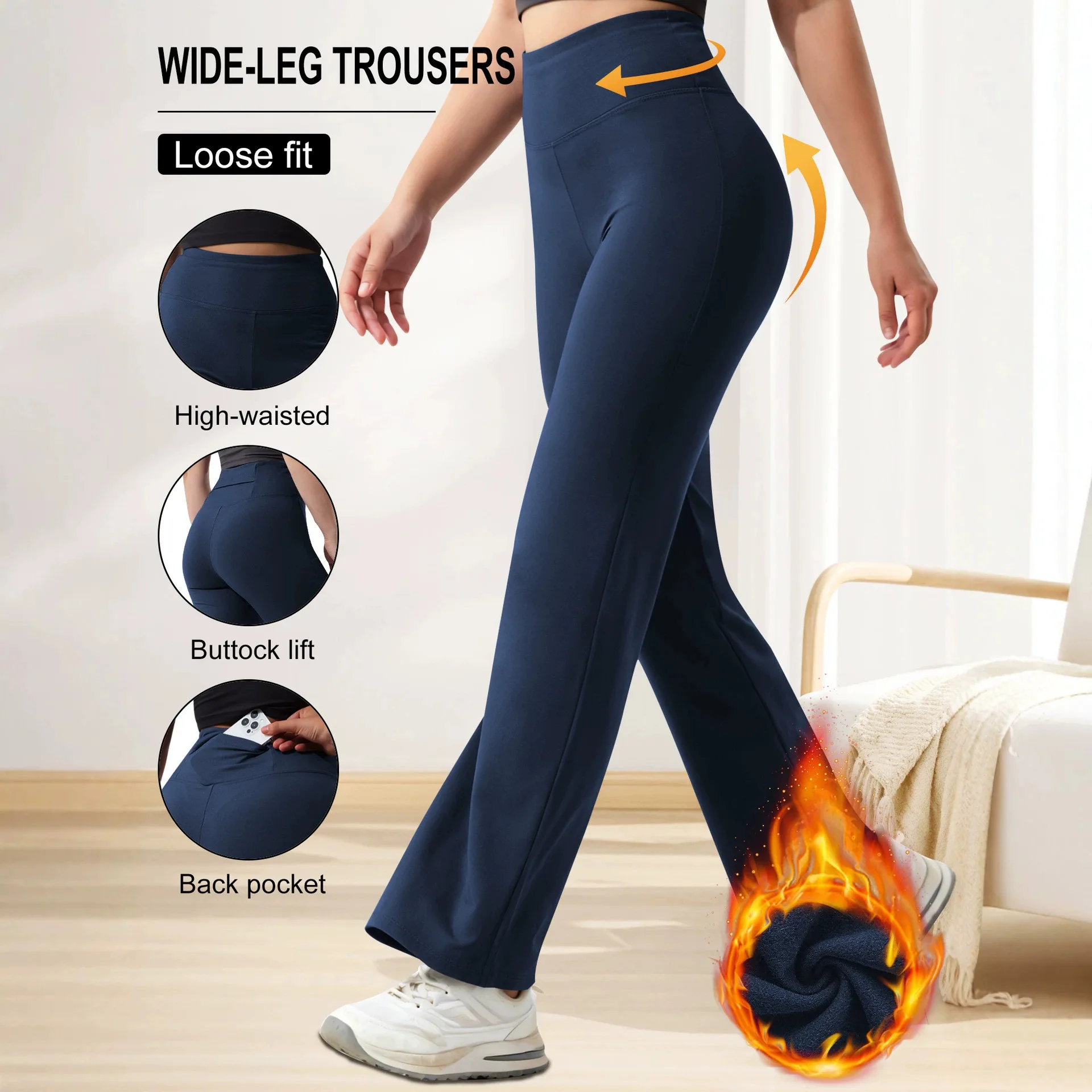 High Waist Women Winter Thermal Wide Leg Trousers Fleece Lined with Back Pocket Butt Lift Tummy Control Loose Fitness Pants