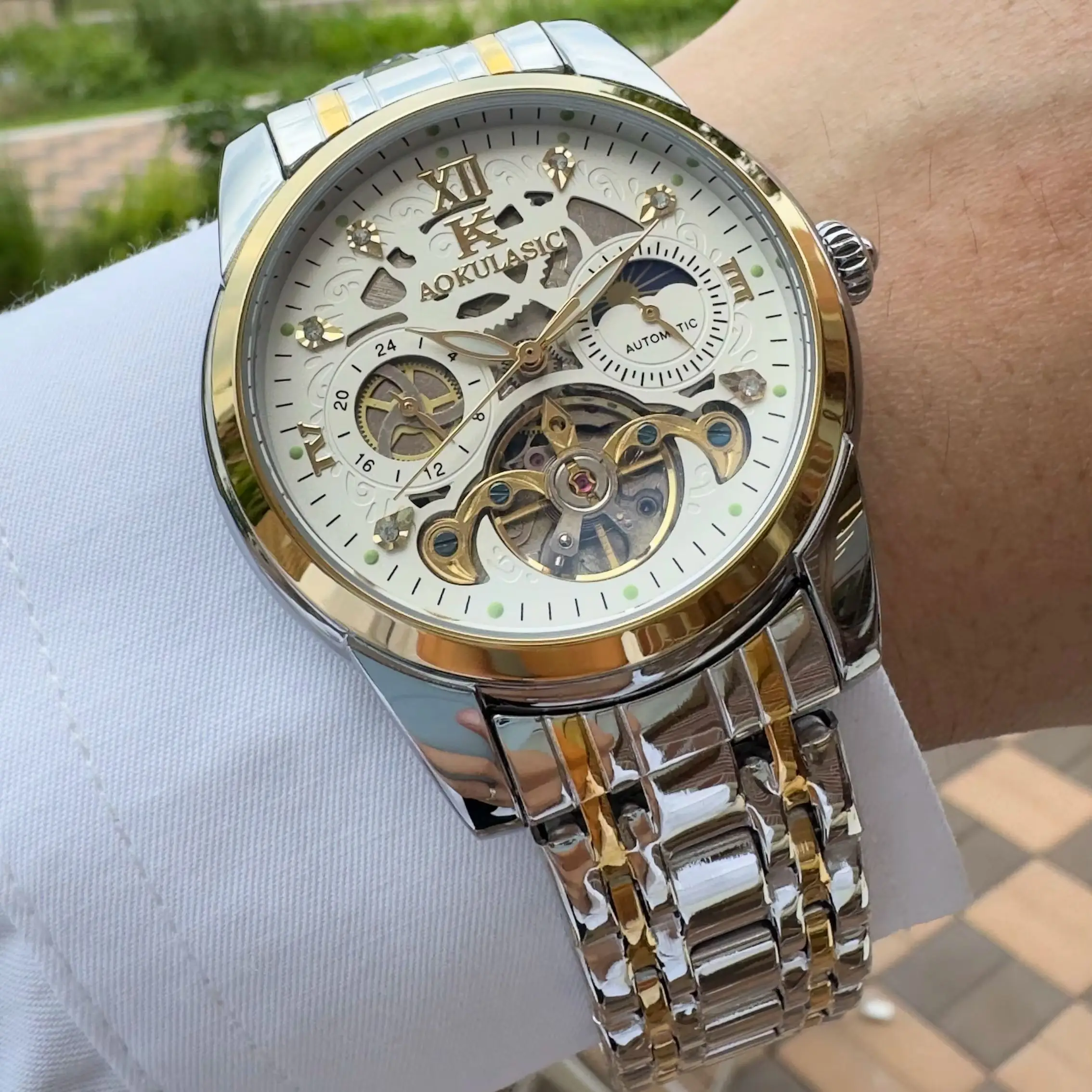 AOKULASIC Business Tourbillon Skeleton Automatic Mechanical Watch for Men Fashion Moon Phase Mens Watches Top Brand Luxury Clock