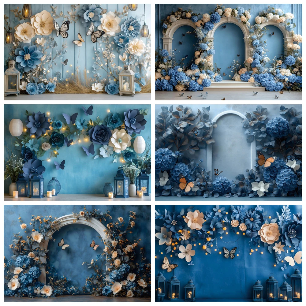 

Blue Flower Sea Butterfly Photography Backdrop Floral Ocean Arch Door Adult Birthday Maternity Wedding Portrait Photo Background