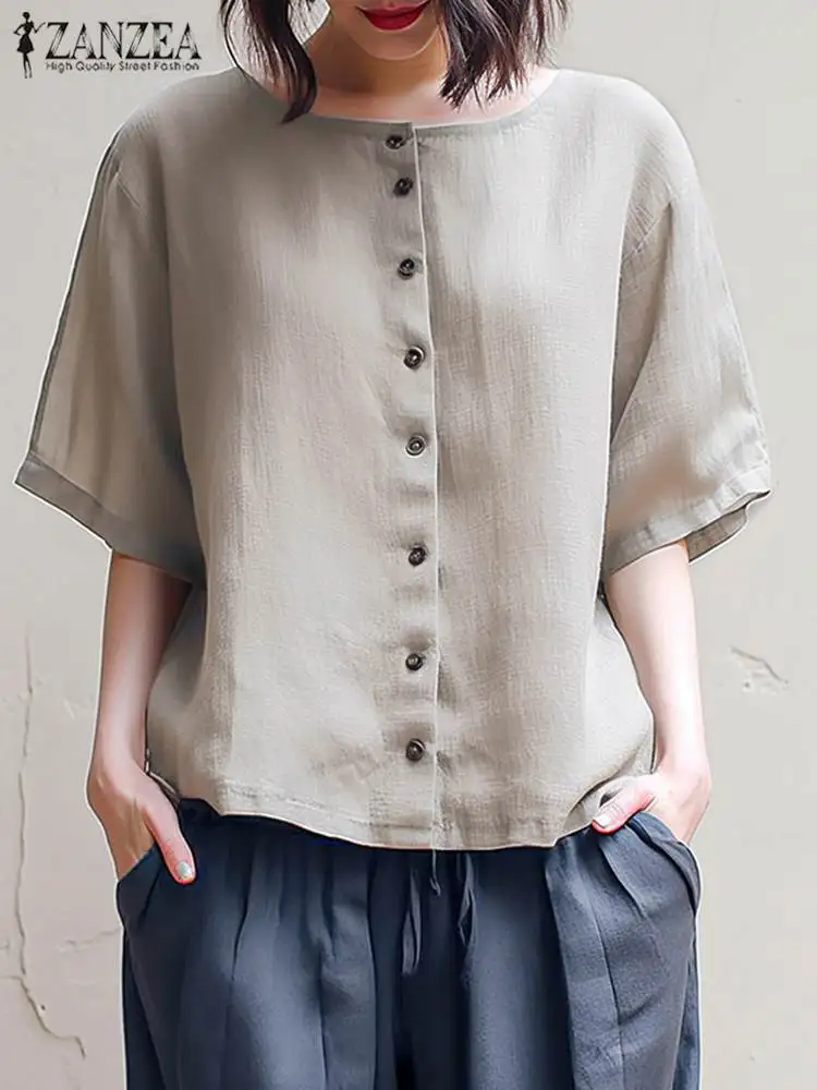 ZANZEA Women Summer Solid Shirt Fashion Holiday Short Sleeve Tops Vintage Baggy Round Neck Blouse 2024 Casual Loose Buttons Tops