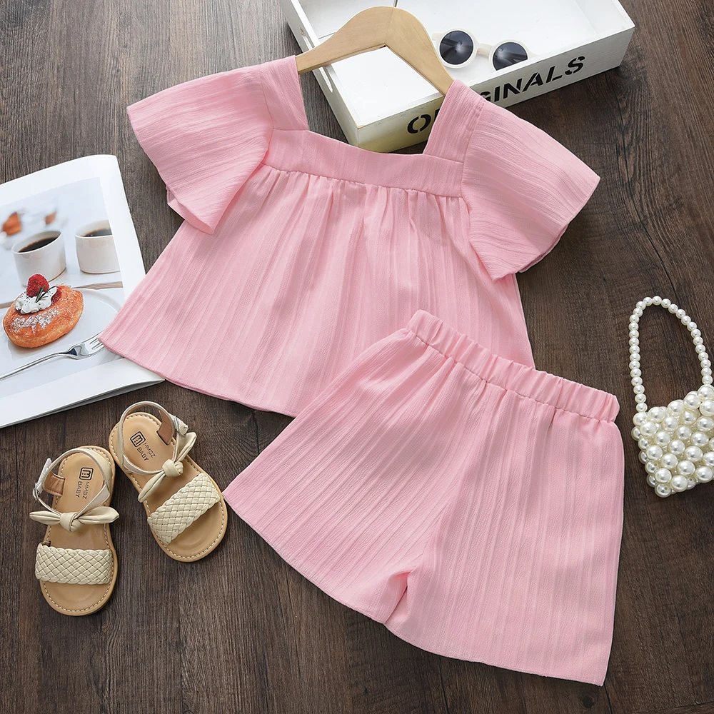 3-7 Year Old Kids Korean Version Suit Flying Sleeves Sun Embroidery Top + Shorts Two-piece Set Summer New Girls' Casual Clothes