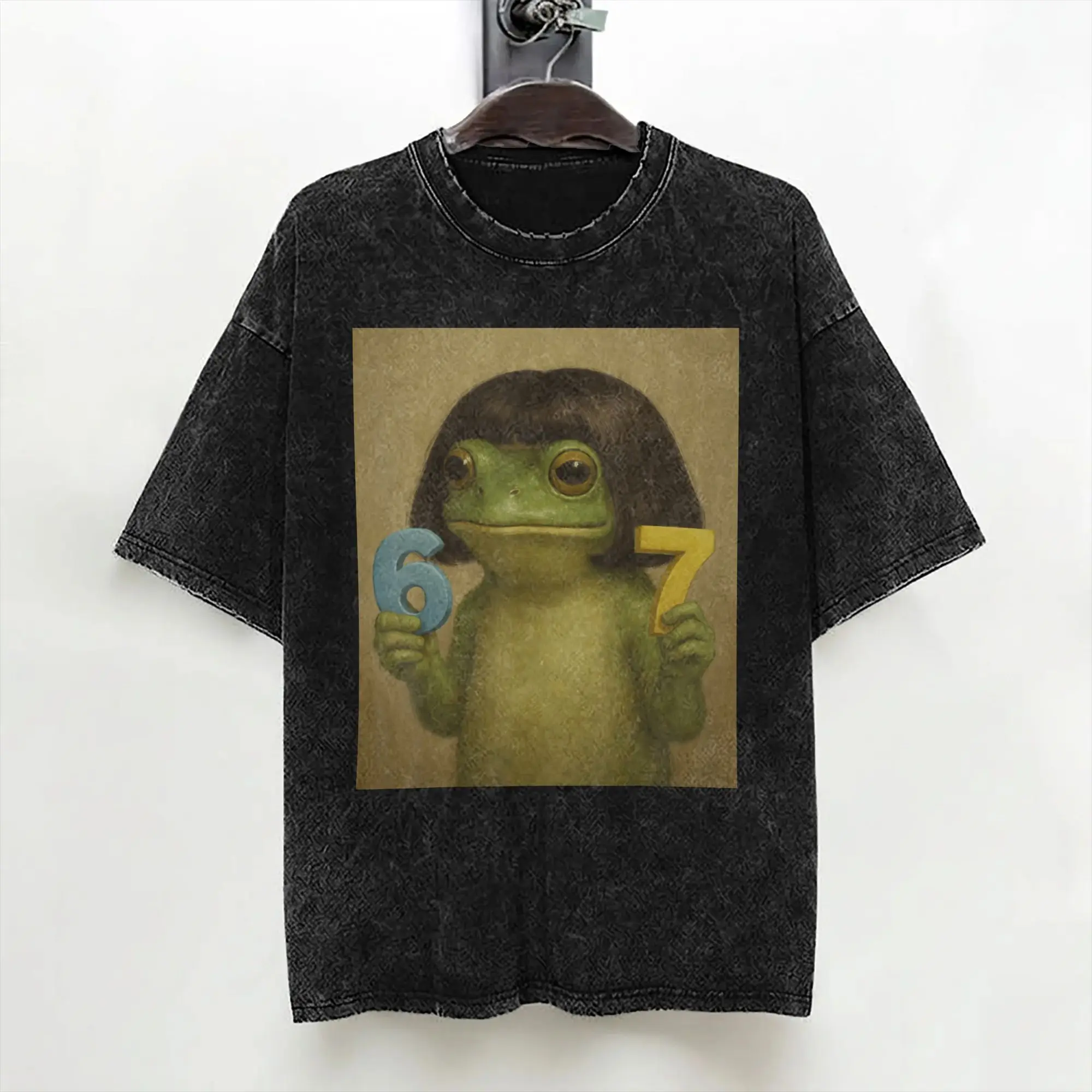 Washed T Shirts 67 Frog with Bob Haircut Funny Gen Z Meme Hip Hop T-Shirts Oversize  Streetwear Cotton Summer Tops Tees Men