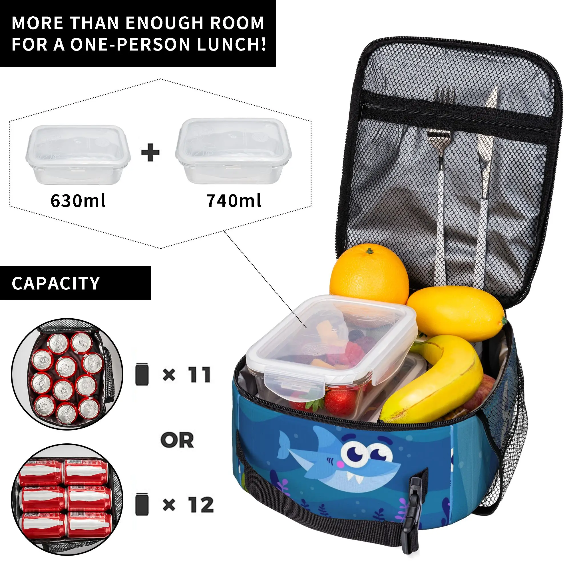 Finny Sharks Teaching ABC Insulated Lunch Tote Bag School Office English Cartoon Leakproof Cooler Thermal Large Size Food Bag