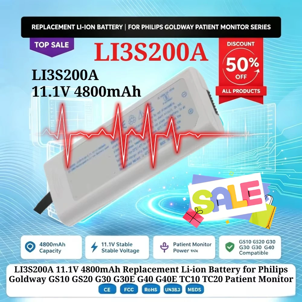 LI3S200A 11.1V 4800mAh Replacement Li-ion Battery for Philips Goldway GS10 GS20 G30 G30E G40 G40E TC10 TC20 Patient Monitor