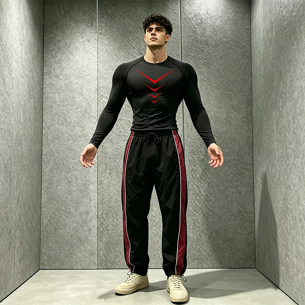 Conjunto Deportivo para Hombre de 2 Piezas: Camiseta de Compresión de Manga Larga de Secado Rápido con Estampado de Ícono en Forma de V + Pantalones con Cordón Ajustable para Correr y Entrenar
