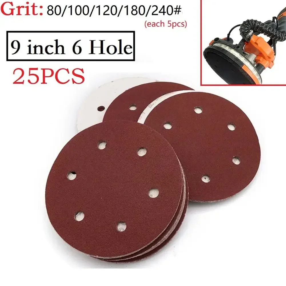 

25PCS/Set 9 Inch 225mm Sanding Discs 6 Hole Hook Loop Sandpaper Sanding Paper 80-240grit Sanding Disc Abrasive Polishing Tools