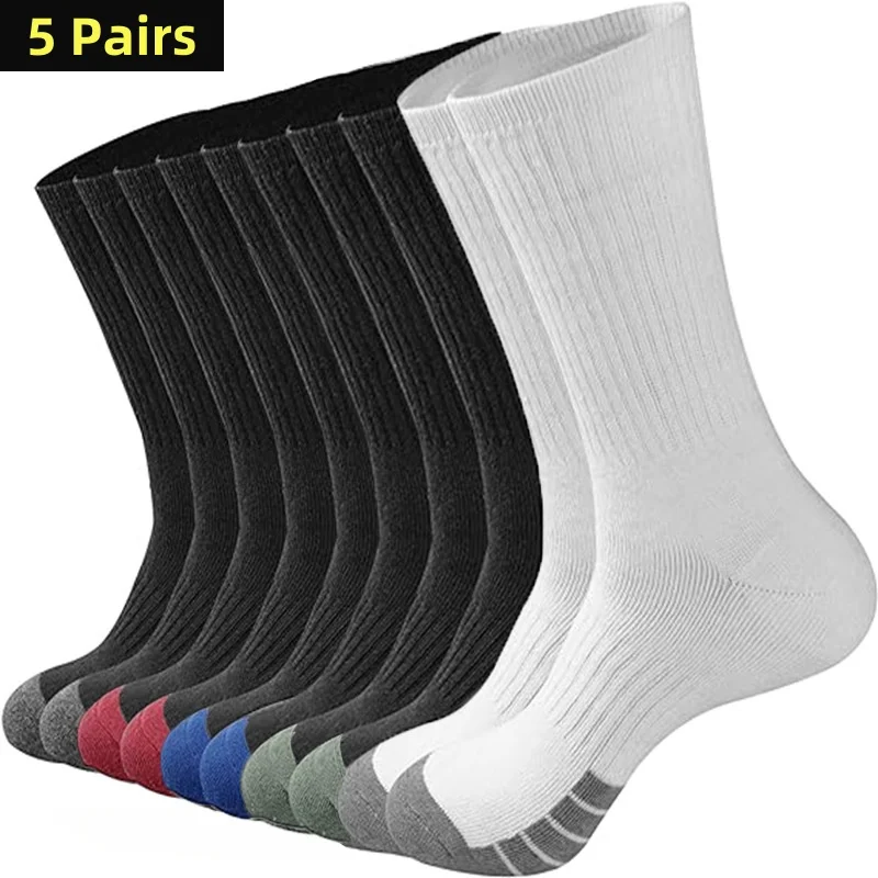 5 Pairs New Men Long Sport Socks Compression Socks Breathable Basketball Socks Cushion Running Socks Football Socks Size 39-47