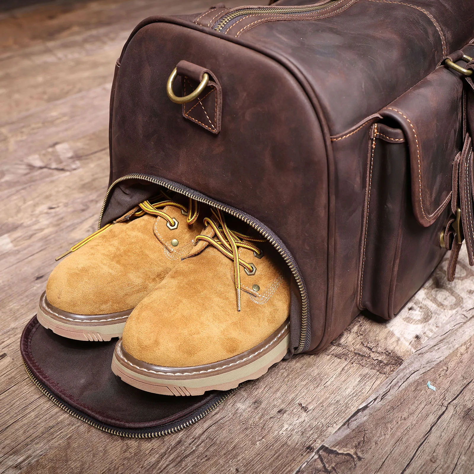 S.WORKER Vintage Echtleder-Reisetasche aus Crazy-Horse-Rindsleder, handgefertigte Weekender-Tasche, Sporttasche – Detail 20