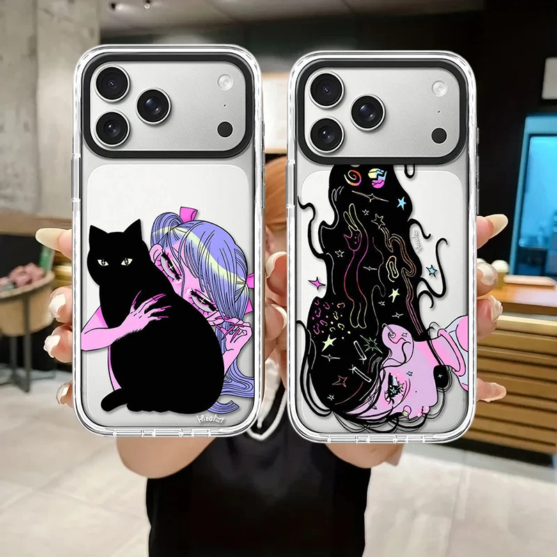 

Pink Girl Black Cat Anime Impact White Border Magnetic Cover for IPhone 13 14 15 16 17 Pro Max Case for IPhone 17Pro