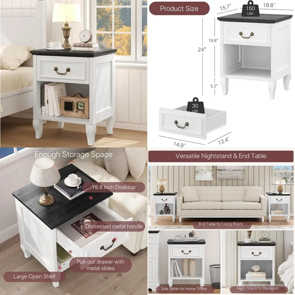 

Farmhouse Style Nightstand with Drawer and Open Shelf, Modern White Wooden Bedside Table for Bedroom, Rustic Chic Storage End Ta