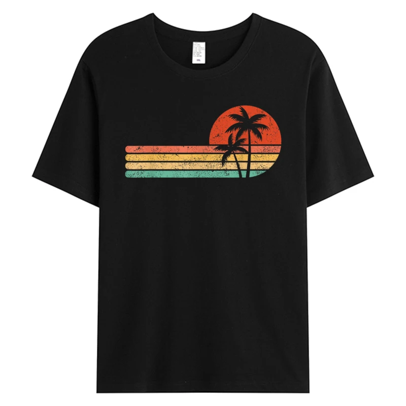 

Retro Style Tropical Vintage Sunset Beach Palm Print Simple Tree Designer Mens 100% Cotton Graphic T-Shirt Man Tee Shirts Latest