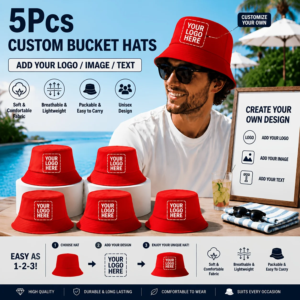 5-Piece Custom Bucket Hat Set – Halloween Party Hats Supporting Personalized DIY Logos, Patterns, and Text; Unisex, lightweight
