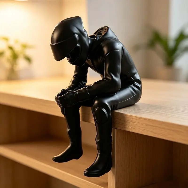 3D Printed Black Hooded Masked Man Statue Abstract Sitting Figure Sculpture With Layer Lines Tabletop Home Office Decor