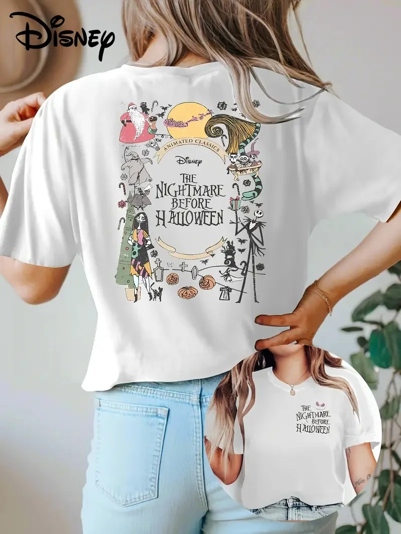 

2025 Disney Pattern Printed Women's Casual Comfortable Unique Smiling Face Black Round Neck Short Sleeve T-shirt