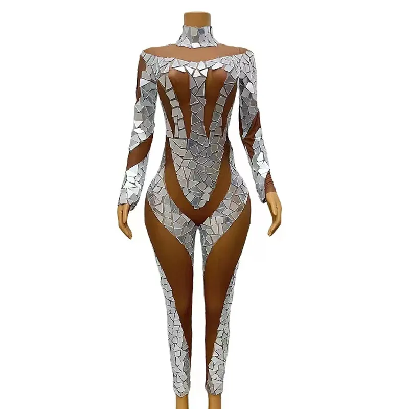 Bar Stage Silver Mirror Transparent Mesh Jumpsuit Women Elastic Tight Rompers Singer Dancer Robot Performance Dance Costume