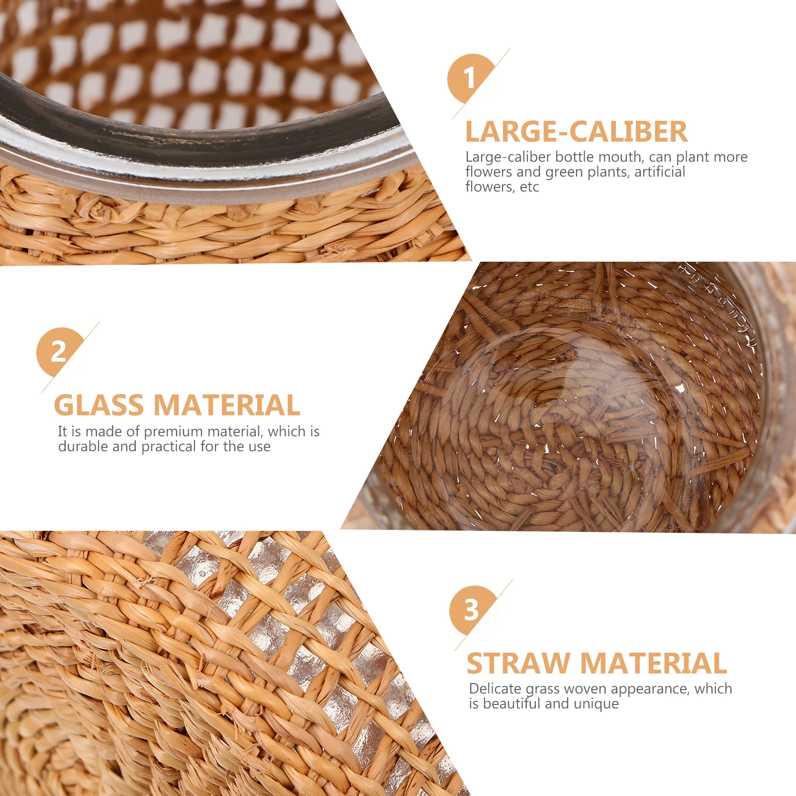 

Straw Woven Large Mouth Glass Home Flower Vessel Ornament Decor Dried Flower Planting Container Vase Adornment Safe Material