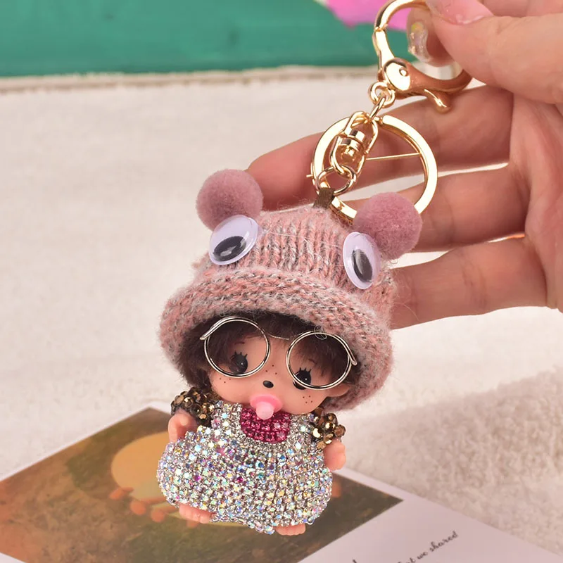 Diamond-encrusted Cartoon Cute Creative Doll Monchhichi Keychain Bag Pendant Gift