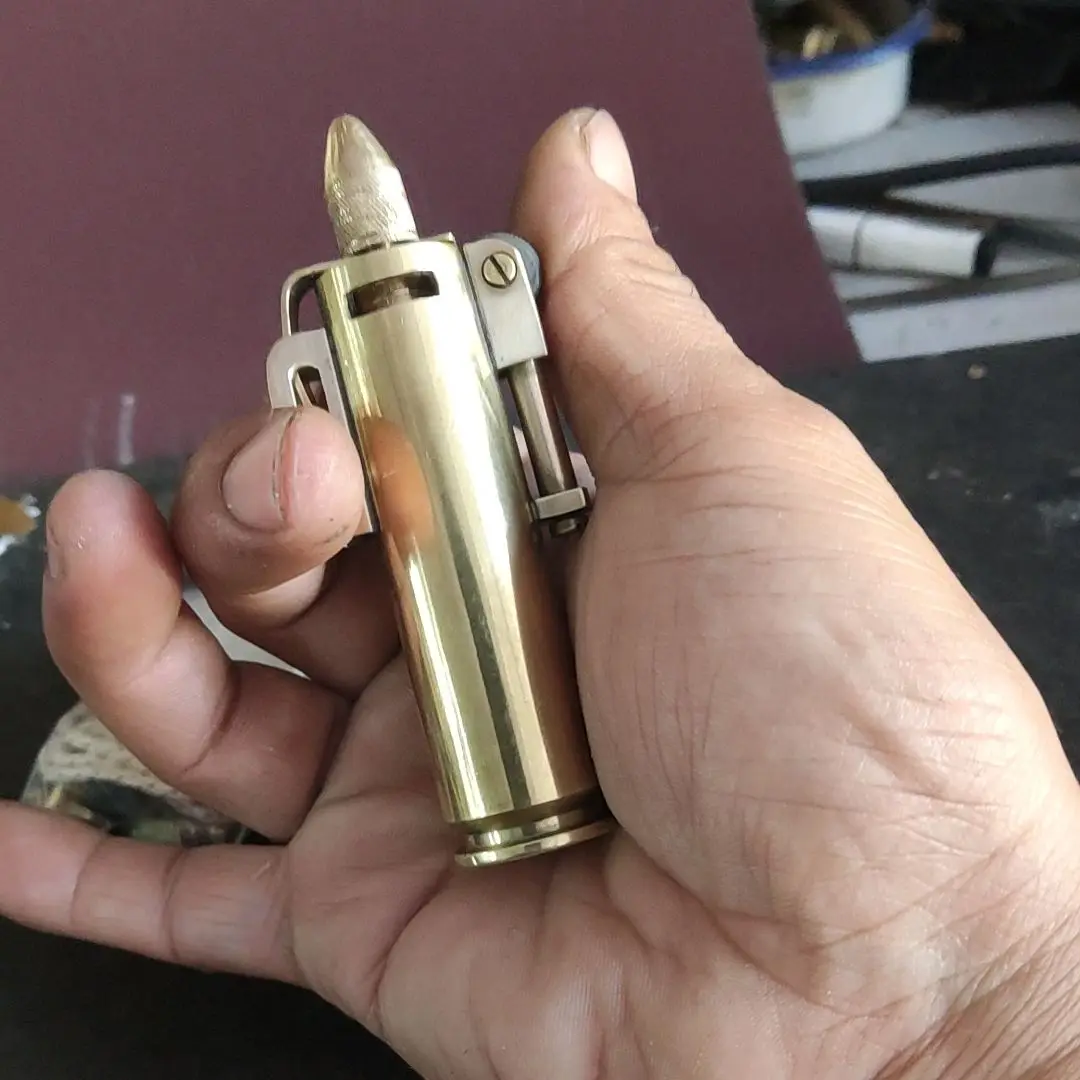 Handmade Brass Bullet Case Fuel Refuelable Gasoline Lighter Free Fuel Oil Tank Stone Wicks