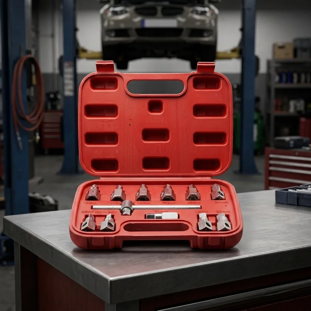 Oil Pan Drain Tool Set 12 Piece Featuring Heat Resistant Alloy Steel Components and Organized Storage Case for Workshop Use