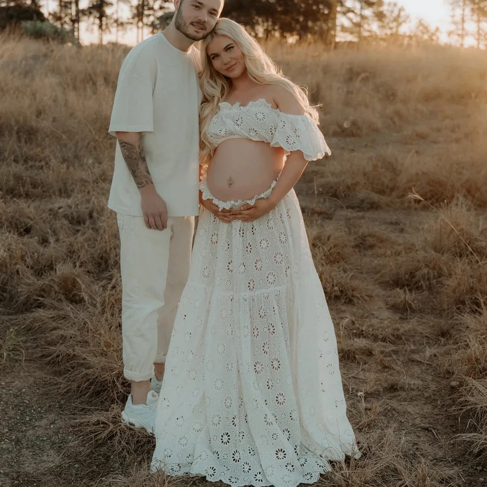 

Boho Maternity Dress For Photoshoot Elegant Cotton Embroidered Two-Piece Set for Women Maternity Photoshoot Baby Shower Outfit