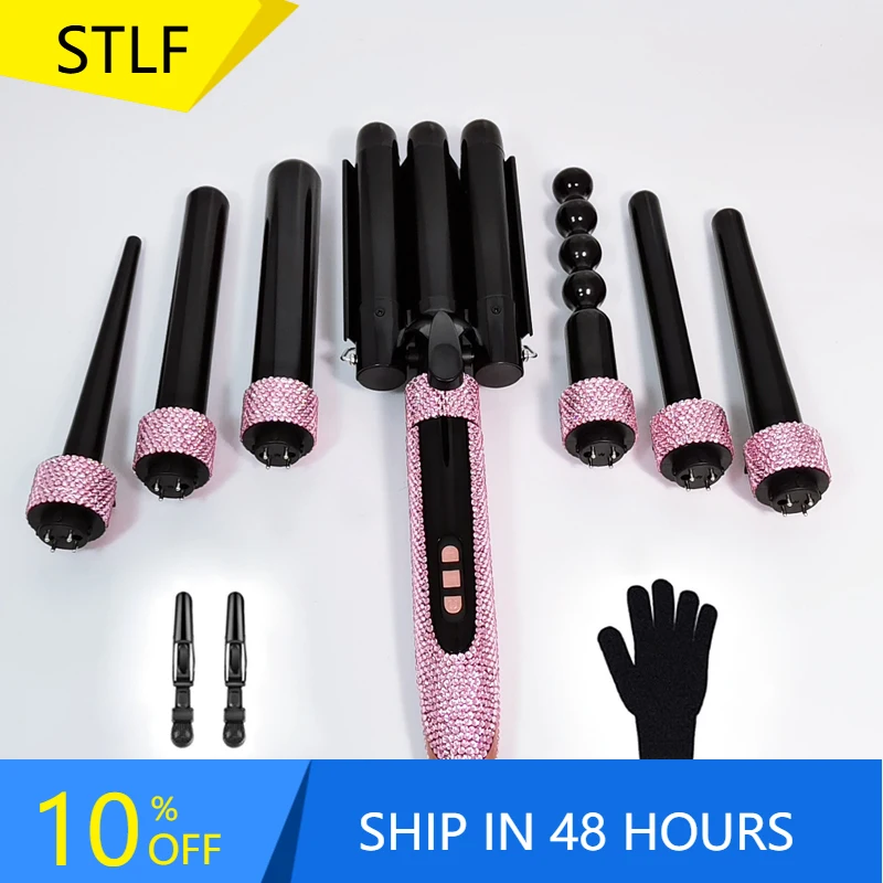 مبيعات STLFHot بلينغ بلينغ الماس الديكور ماجيك قابلة للشحن بكرة الشعر الحديد 7 في 1 مجموعة عصا الشباك