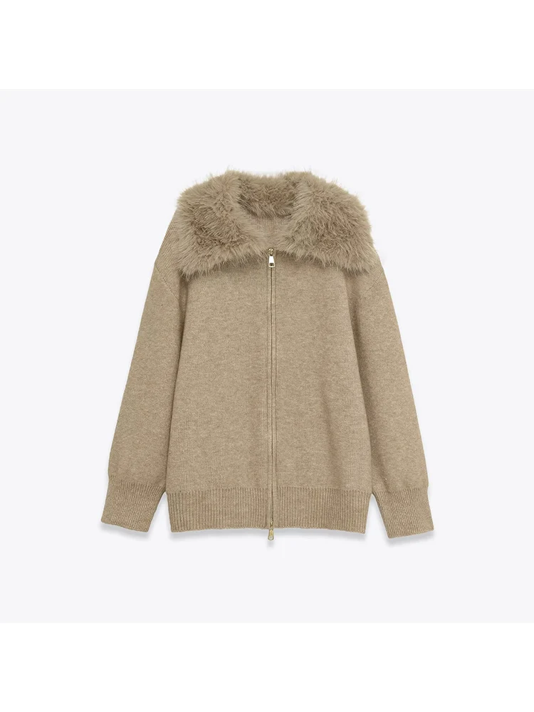 

European style new women's fashion all-match temperament artificial fur effect lapel jacket cardigan sweater