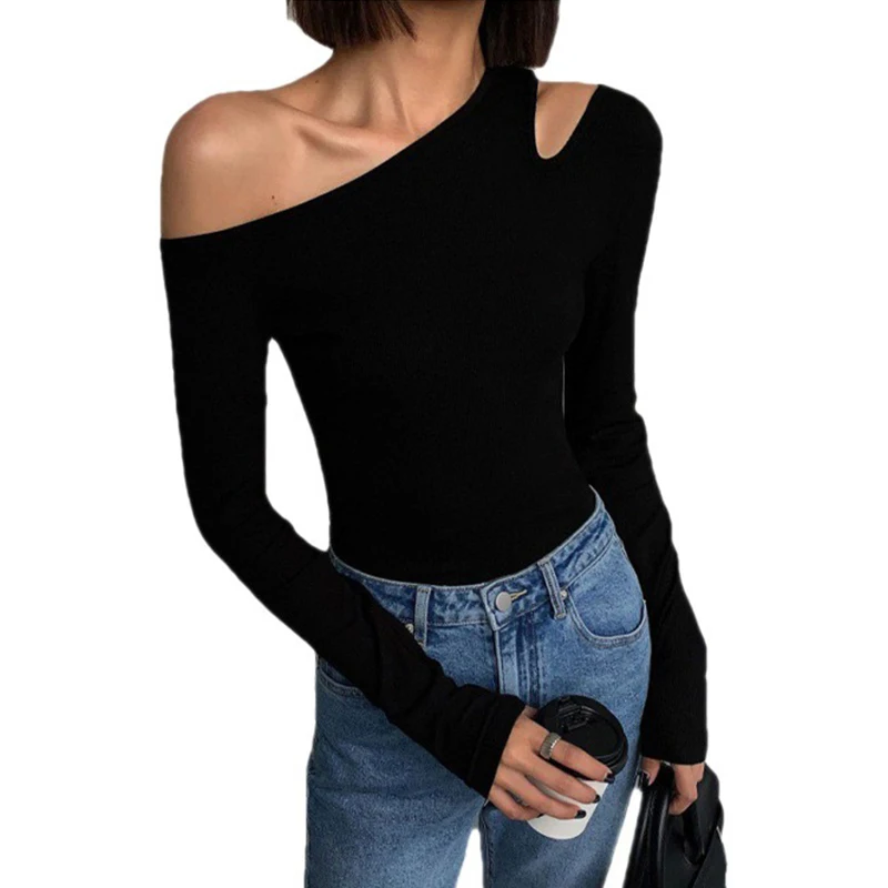 Skew Collar Off-shoulder Long-sleeved Fashion Women T-shirts 2024 New Solid Slim Fit Crop Top Sexy Hollow Out Women Tees Shirts