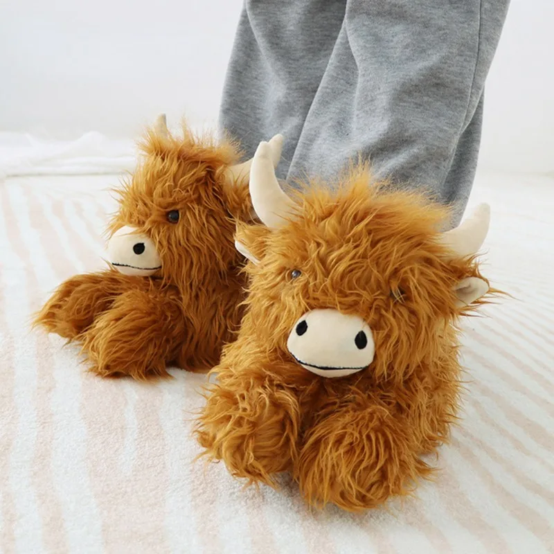 Winter Highland Cow Slippers Fluffy Highland Cattle Plush Slipper Soft Warm Home Indoor Cute Cartoon Furry Slides for Women Men