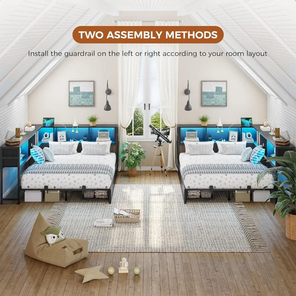 Full Corner Bed Frame with Bookcase Storage Metal Platform Bed Frame with Storage Drawers & Charging Station Full Size Daybed