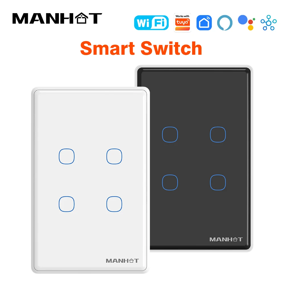 

Manhot WiFi US Smart Light Switch Neutral Wire/No Neutral Wire Required Wall Touch Switch Compatible For Tuya Alexa Google Home