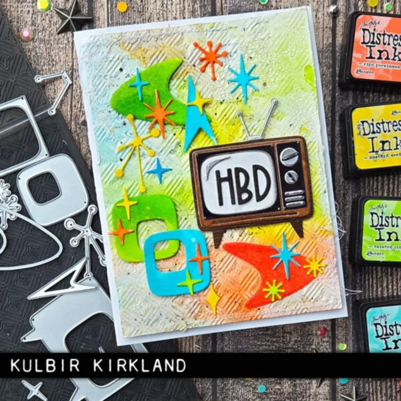 قوالب القطع الذرية الجديدة لعام 2025 بتصميم عتيق لدوامات التلفزيون النجمي العتيق لبطاقات المعايدة ومجلات القصاصات والحرف الورقية