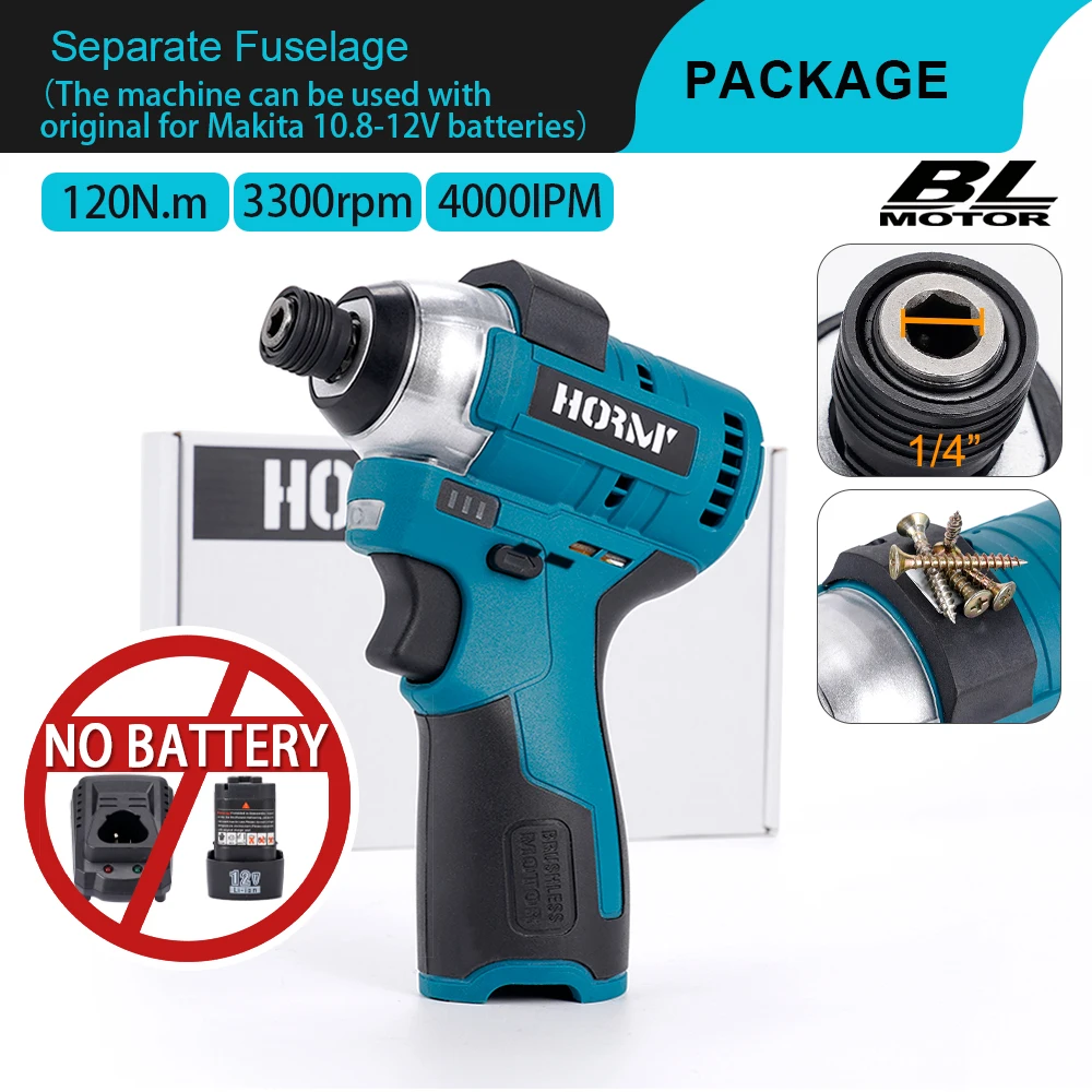 120N.m Cordless Compact Impact Driver Kit 1/4 Inch Electric Brushless Screwdriver Power Tool for Makita 10.8v Battery No Battery
