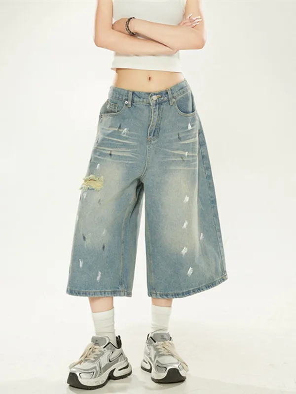 Y2K American Graffiti Printed Ripped Cropped Pants Loose Summer Jeans Trend Shorts for Women